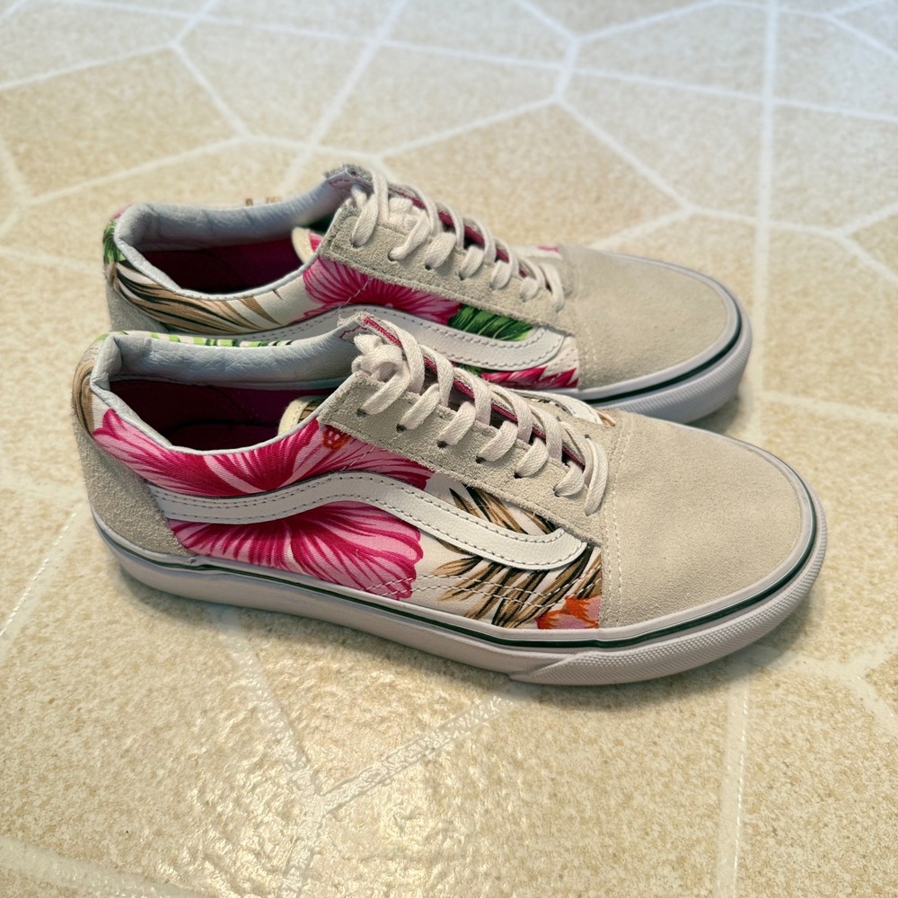 Vans Old Skool Tropical Hibiscus Floral Grey Suede Sneakers Women 5 Men 3.5